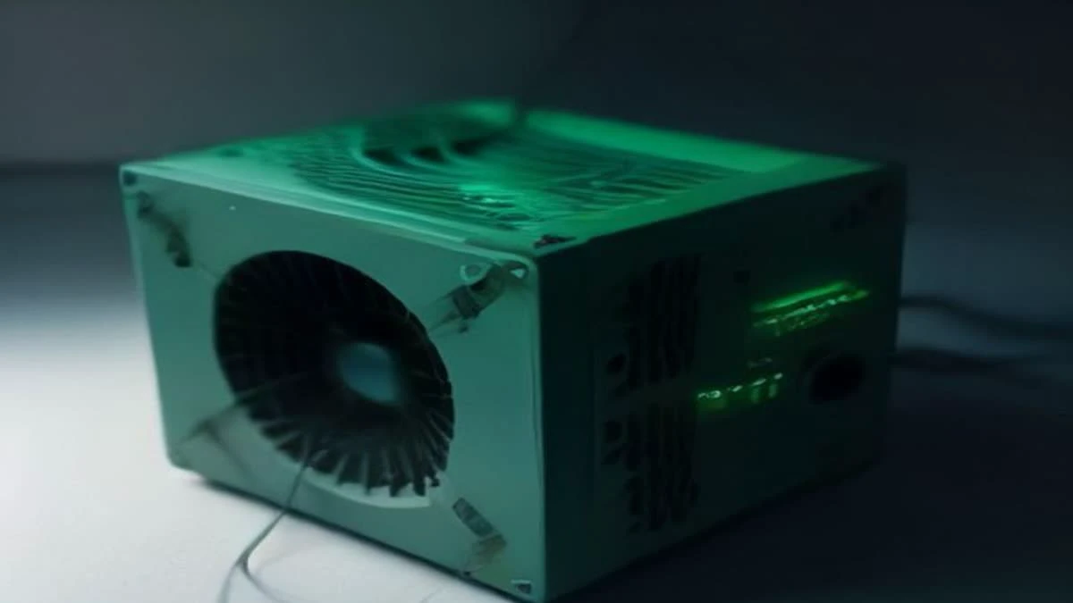 Macro shot of a power supply unit with braided cables under hard directional light, framed off-centre with empty space
